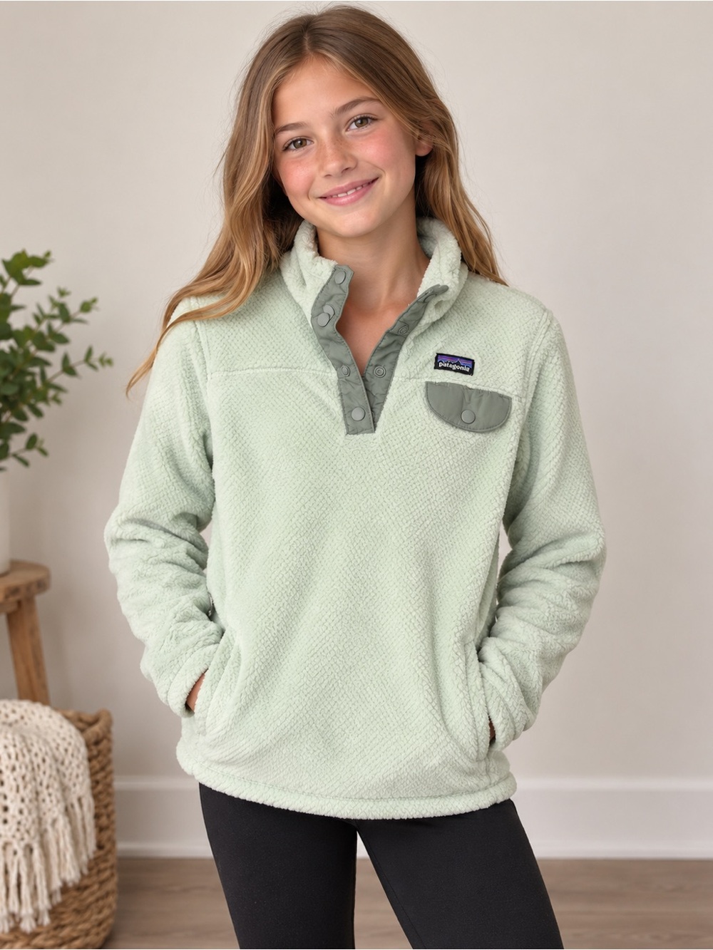 Patagonia Girls XXL Mint Green Snap-T Fleece Pullover Kids Outdoor Cozy